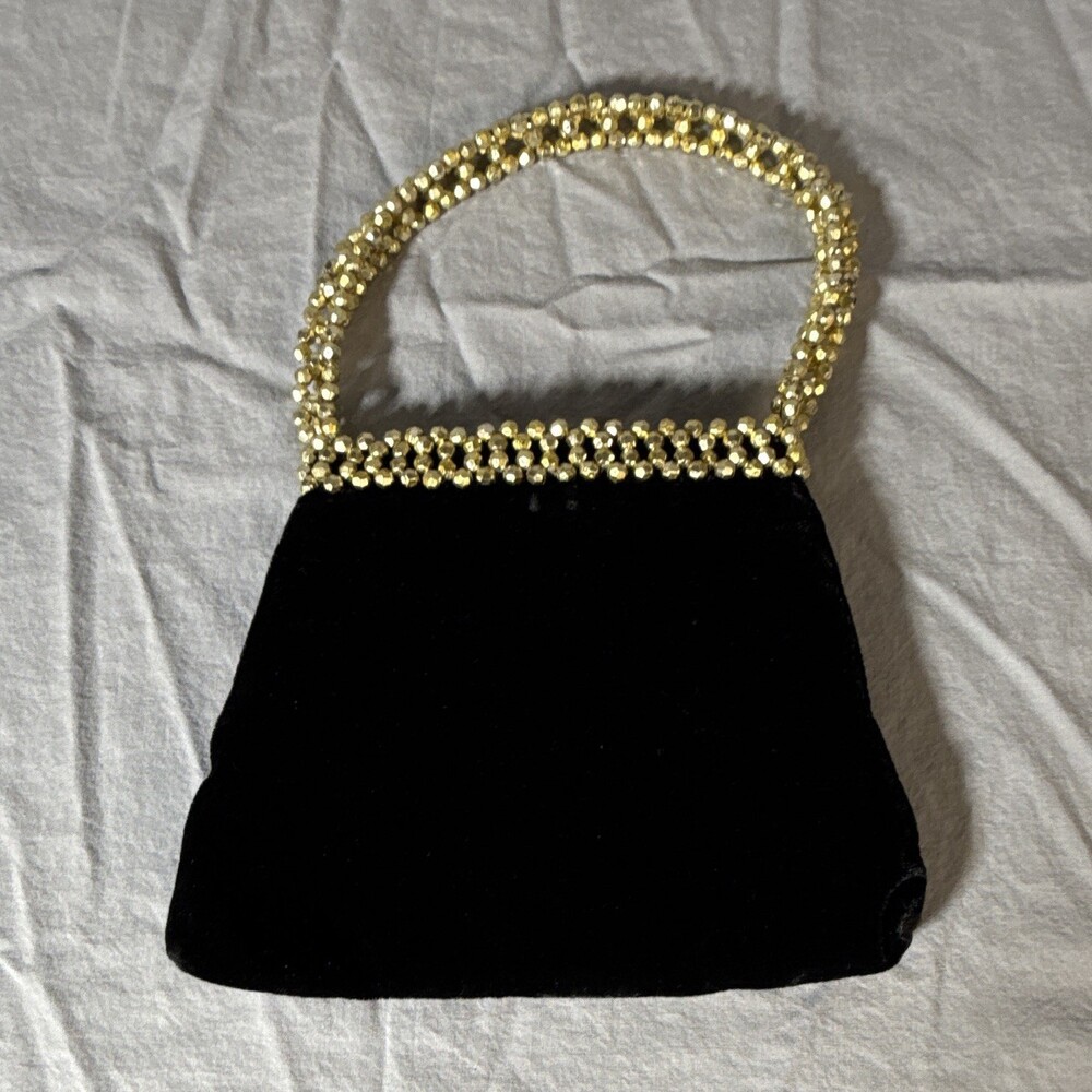Handmade Black & Gold Beaded Top Handle Evening Bag Purse, Snap Closure